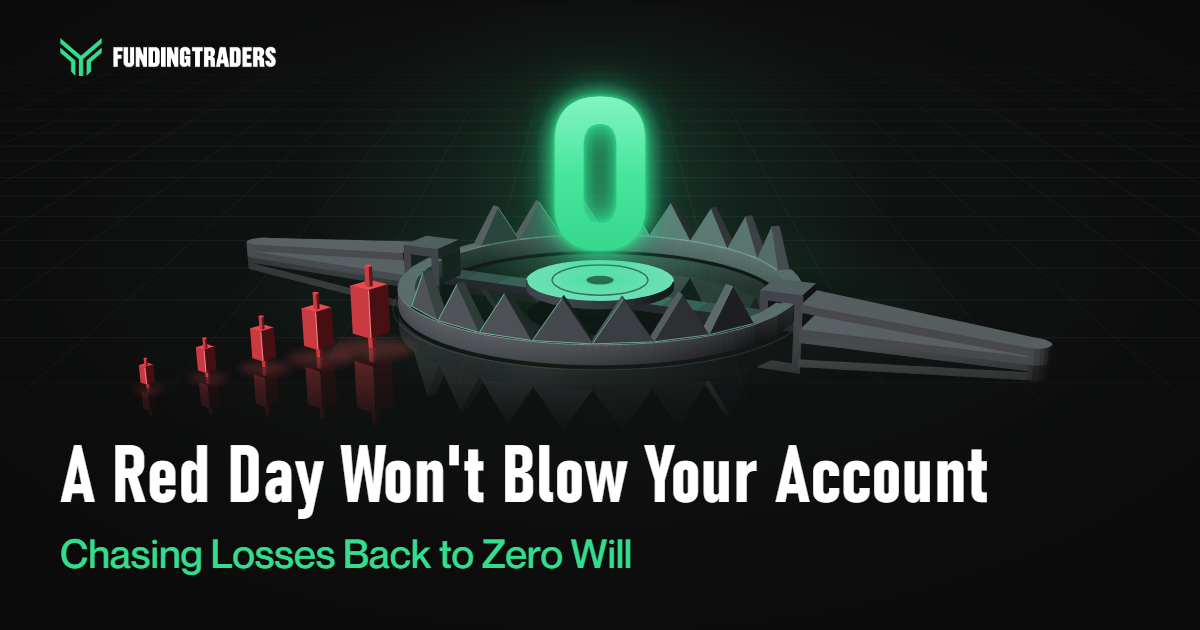 Red candlesticks growing larger as they spiral into a glowing zero-shaped drain, the break-even trap in motion