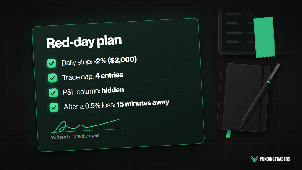 A filled-in red-day plan card with a daily stop, a trade cap, a hidden P&L and a 15-minute post-loss routine